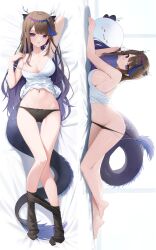 Rule 34 | 1girl, absurdres, airi kanna, bare shoulders, black hair, black panties, black pantyhose, blue eyes, blue hair, breasts, closed mouth, clothes pull, curvy, dakimakura (medium), dragon girl, dragon horns, dragon tail, full body, highres, horns, huhi (huhi 1211), large breasts, long tail, looking at viewer, lying, multicolored hair, multiple views, navel, no pants, on back, on stomach, panties, panty pull, pantyhose, pantyhose pull, parted lips, sideboob, stellive, streaked hair, tail, thighs, two-tone hair, underwear, virtual youtuber