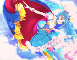 Rule 34 | 1girl, absurdres, ankle boots, blue cape, blue dress, blue eyes, blue footwear, blue hair, blue sky, boots, bow, brooch, cape, cloud, cloudy sky, commentary, cure sky, cut bangs, day, detached sleeves, dress, dress bow, earrings, fingerless gloves, flying, frilled dress, frills, fringe trim, from side, gloves, gradient hair, highres, hirogaru sky! precure, jewelry, leg up, long hair, looking at viewer, looking back, magical girl, multicolored hair, open mouth, outdoors, pink bow, pink hair, precure, puffy detached sleeves, puffy sleeves, red cape, short dress, single sidelock, sky, sleeveless, sleeveless dress, smile, solo, sora harewataru, sparkle, streaked hair, thighhighs, toon (noin), twintails, two-sided cape, two-sided fabric, two-tone dress, two-tone hair, very long hair, white dress, white gloves, white thighhighs, wing brooch, wing hair ornament