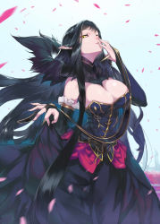 Rule 34 | 1girl, absurdres, bare shoulders, black dress, black hair, breasts, ceda (dace), cleavage, detached sleeves, dress, elbow gloves, fate/apocrypha, fate (series), fingerless gloves, fur trim, gloves, highres, large breasts, long hair, looking at viewer, pointy ears, semiramis (fate), solo, standing, very long hair, yellow eyes