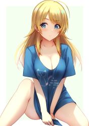 Rule 34 | 1girl, absurdres, alternate costume, animal print, antenna hair, arms between legs, bare legs, bikini, blonde hair, blue eyes, blue shirt, blush, bottomless, breasts, cat print, cleavage, clothes pull, collarbone, covering crotch, covering privates, english text, frown, hachimiya meguru, halterneck, highres, idolmaster, idolmaster shiny colors, knee up, long hair, medium breasts, miyar2d2, no pants, o-ring, o-ring bikini, paw print, shirt, shirt pull, short sleeves, sitting, solo, spread legs, swimsuit, v-neck