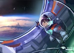 Rule 34 | 1girl, asteroid, astronaut, black eyes, blunt bangs, city, closed mouth, cloud, helmet, holographic interface, indoors, kexue, maroon hair, microphone, original, planet, profile, science fiction, smile, space, space helmet, space station, spacecraft
