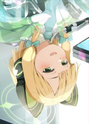 Rule 34 | 1girl, animal ear headphones, animal ears, blonde hair, blue archive, bow, cat ear headphones, cellphone, collared shirt, commentary request, fake animal ears, gomennasai, green bow, green eyes, green necktie, hair bow, halo, headphones, highres, jacket, medium hair, midori (blue archive), necktie, open mouth, pen, phone, reflection, reflective table, shirt, smartphone, smile, solo, swept bangs, upper body, upside-down, white shirt