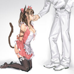 Rule 34 | 1boy, 1girl, animal ears, apron, arms behind back, ass, bad id, bad pixiv id, bare shoulders, bdsm, blush, bondage, bound, box tie, breasts, brown hair, cat ears, cleavage, clothes lift, dress, dress lift, fake animal ears, finger in another&#039;s mouth, glasses, hjl, kneeling, maid, maid apron, original, panties, panty pull, saliva, simple background, standing, tail, thighhighs, underwear, white background