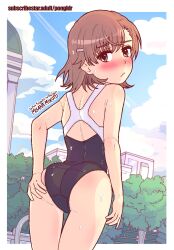 Rule 34 | 1girl, ass, bare legs, blue sky, blush, border, brown eyes, brown hair, female focus, from behind, grabbing, hair ornament, hairclip, looking at viewer, looking back, misaka mikoto, one-piece swimsuit, pongldr, school swimsuit, self-upload, short hair, simple background, sky, solo, spread ass, standing, swimsuit, thighs, toaru kagaku no railgun, toaru majutsu no index, tokiwadai school swimsuit, wet, wet clothes, white border