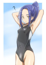 Rule 34 | 10s, 1girl, :o, ?, aqua background, armpits, arms behind back, arms up, black one-piece swimsuit, blue hair, blush, cloud, competition swimsuit, covered erect nipples, day, eyelashes, flat chest, groin, h26r, highleg, highleg swimsuit, kurokawa eren, long hair, looking at viewer, navel, one-piece swimsuit, open mouth, outdoors, ponytail, precure, seiren (suite precure), sky, solo, standing, suite precure, swimsuit, yellow eyes