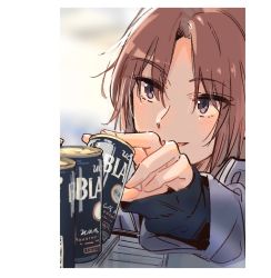Rule 34 | 1girl, bonryuu, brown hair, can, canned coffee, coffee, coffee can, drink can, happy, hibike! euphonium, light smile, long sleeves, looking to the side, nakagawa natsuki, open mouth, ponytail, purple eyes, smile, solo, tagme