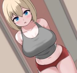Rule 34 | 1girl, absurdres, arms behind back, bad id, bad pixiv id, blonde hair, blue eyes, blush, collarbone, dutch angle, highres, looking at viewer, micro shorts, navel, open mouth, original, pelican (s030), shorts, solo, tank top