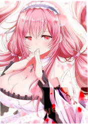 Rule 34 | 1girl, absurdly long hair, azur lane, bare shoulders, breasts, cleavage, detached collar, detached sleeves, dress, exehachi, frilled dress, frills, highres, large breasts, long hair, perseus (azur lane), pink eyes, pink hair, solo, upper body, very long hair, white dress, wide sleeves