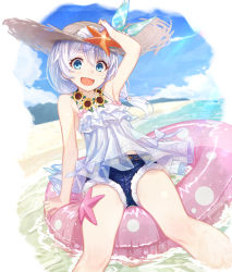 Rule 34 | 1girl, alternate costume, beach, blue eyes, blush, bow, commentary request, day, denim, denim shorts, flower, flower necklace, green ribbon, hand on headwear, hat, hat ribbon, honkai (series), honkai impact 3rd, innertube, jewelry, long hair, necklace, open mouth, outdoors, pink bow, polka dot, ponytail, ribbon, see-through, shorts, silver hair, sitting, smile, solo, starfish, straw hat, sunflower, swim ring, theresa apocalypse, theresa apocalypse (valkyrie pledge), waves, yachimoto