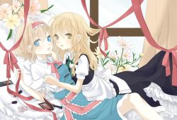 Rule 34 | 2girls, alice margatroid, apron, ascot, blonde hair, blue eyes, blush, braid, capelet, curtains, face-to-face, flower, hairband, hand on another&#039;s cheek, hand on another&#039;s face, highres, kirisame marisa, lolita hairband, long hair, makeup, multiple girls, no headwear, open mouth, pillow, ribbon, sash, short hair, short sleeves, single braid, touhou, tsuno no hito, waist apron, window, yellow eyes, yuri
