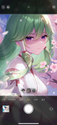 Rule 34 | 1girl, absurdres, artist name, barbara (genshin impact), breasts, cherry blossoms, commentary request, cracked screen, empty eyes, genshin impact, green hair, hair between eyes, hair tubes, highres, japanese clothes, kimono, kuki shinobu, large breasts, lightria, looking at viewer, miko, official alternate costume, parted lips, purple eyes, shaded face, sidelocks, signature, solo, upper body, white kimono