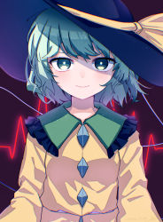 Rule 34 | 1girl, bow, breasts, bright pupils, buttons, cardiogram, chromatic aberration, closed mouth, collar, collared shirt, commentary request, dated, diamond (shape), frilled collar, frills, green eyes, green hair, hat, hat bow, hat ribbon, highres, kisamu (ksmz), komeiji koishi, light particles, long sleeves, looking at viewer, ribbon, shadow, shirt, short hair, signature, smile, solo, touhou, upper body, white pupils, yellow ribbon, yellow shirt