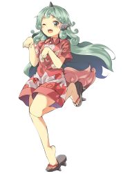 Rule 34 | 1girl, absurdres, animal ears, bad id, bad pixiv id, bare legs, blush, buttons, cloud print, dancing, full body, geta, green eyes, green hair, hasebe yuusaku, highres, horns, komano aunn, long hair, looking at viewer, one eye closed, paw pose, red shirt, sandals, shirt, shorts, simple background, single horn, smile, solo, standing, standing on one leg, tail, teeth, touhou, white background