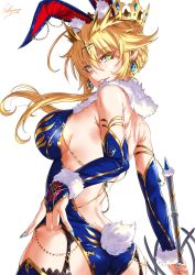 Rule 34 | 1girl, ahoge, animal ears, aquamarine (stone), artoria pendragon (fate), artoria pendragon (lancer) (fate), ass, bare shoulders, blue leotard, blue nails, blush, braid, breasts, bridal gauntlets, chain, commentary request, crown, earrings, eyelashes, fate/grand order, fate (series), french braid, fur collar, garter straps, gem, glitter, glowing, gold, gold trim, green eyes, grin, hair between eyes, highres, hip focus, jewelry, lance, large breasts, leotard, light particles, long hair, looking at viewer, looking back, nail polish, parted lips, polearm, rabbit ears, rabbit tail, rhongomyniad (fate), sakiyamama, sideboob, sidelocks, signature, simple background, smile, solo, tail, tsurime, weapon, white background, wrist cuffs