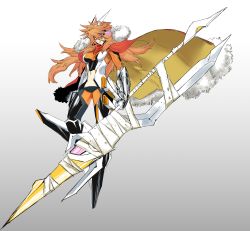 Rule 34 | 1girl, absurdres, amou kanade, asymmetrical breasts, bandages, breasts, cape, eyepatch, full body, fur-trimmed cape, fur trim, gauntlets, gradient background, hair between eyes, headgear, highres, holding, holding weapon, long hair, navel, orange hair, parted lips, rx hts, scar, scar across eye, scar on face, senki zesshou symphogear, simple background, solo, two-tone cape, veins, weapon, yellow eyes