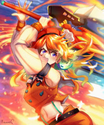 1girl absurdres covered_mouth detached_sleeves embers eyelashes hair_between_eyes highres holding holding_weapon hololive hololive_english long_hair looking_at_viewer miku_(mikururun) navel orange_hair orange_pants orange_shirt pants purple_eyes shirt signature solo takanashi_kiara virtual_youtuber weapon