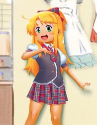 Rule 34 | 1girl, :3, absurdres, blonde hair, bow, collared shirt, elementary, feet out of frame, female focus, green eyes, hair bow, hair over shoulder, hand on own chest, highres, himesaka noa, huge filesize, indoors, long hair, looking at viewer, necktie, open mouth, plaid, plaid bow, plaid necktie, plaid skirt, pleated skirt, puffy short sleeves, puffy sleeves, school uniform, shirt, short sleeves, sidelocks, skirt, smile, solo, standing, tongue, vest, watashi ni tenshi ga maiorita!