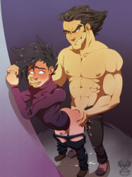 Rule 34 | 2boys, against wall, anal, ass, blush, cum, cumdrip, drooling, evil grin, evil smile, grin, highres, licking, male focus, male penetrated, manjoume jun, misawa daichi, multiple boys, saliva, sex, size difference, smile, smirk, tongue, yaoi, yu-gi-oh!, yu-gi-oh! gx