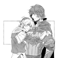 Rule 34 | 2boys, armor, brothers, clive rosfield, closed eyes, facial hair, facial scar, final fantasy, final fantasy xvi, gloves, greyscale, hair between eyes, hand on another&#039;s head, hiryuu (kugelcruor), hug, joshua rosfield, long sleeves, looking at another, male focus, messy hair, monochrome, multiple boys, scar, scar on cheek, scar on face, short hair, shoulder armor, siblings, smile, stubble, upper body, vest, white background