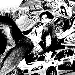 Rule 34 | 1boy, 1girl, album cover, before (koven wei), blunt bangs, bug, building, butterfly, camera, car, choker, city, cover, formal, greyscale, highres, insect, jacket, koven wei, monochrome, motor vehicle, necktie, official art, skyscraper, speaker, suit, television, xyanaid