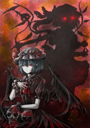 Rule 34 | 2girls, absurdres, apple, ascot, bat wings, bitten apple, blood, blood on clothes, creepy, dress, faux traditional media, flandre scarlet, food, food bite, fruit, glowing, glowing eyes, highres, horror (theme), laevatein, multiple girls, ominous shadow, puffy short sleeves, puffy sleeves, red eyes, remilia scarlet, short hair, short sleeves, silhouette, skull, ten (cherry61897), touhou, wings