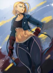 Rule 34 | 1girl, blonde hair, blue eyes, breasts, cammy white, crop top, cropped legs, da h00t, fingerless gloves, gloves, hand on own hip, highres, lips, long sleeves, medium breasts, pants, scar, scar on face, short hair, street fighter, street fighter 6, wide hips