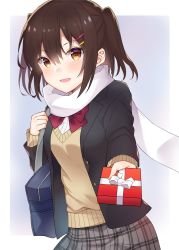 Rule 34 | 1girl, :d, alternate costume, bag, bow, bowtie, box, brown eyes, brown hair, cardigan, grey skirt, hair ornament, hairclip, holding, holding box, kantai collection, looking at viewer, open mouth, plaid, plaid skirt, pleated skirt, red bow, red bowtie, scarf, school bag, school uniform, sendai (kancolle), skirt, smile, solo, valentine, white scarf, yuzuttan