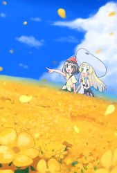Rule 34 | 2girls, :d, aki yamane, bag, beanie, blonde hair, blunt bangs, blush, braid, cloud, collared dress, commentary request, creatures (company), day, dress, duffel bag, eyelashes, field, floral print, flower, flower field, game freak, green eyes, green shorts, happy, hat, highres, holding hands, lillie (pokemon), long hair, multiple girls, nintendo, open mouth, outdoors, outstretched arm, pointing, pokemon, pokemon sm, red headwear, selene (pokemon), shirt, short sleeves, shorts, sky, sleeveless, sleeveless dress, smile, standing, sun hat, sundress, t-shirt, teeth, tied shirt, tongue, twin braids, upper teeth only, white dress, white headwear, yellow flower