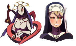 Rule 34 | 1girl, anisa sherzai, blush, breasts, double (skullgirls), dual persona, monster, nun, red eyes, simple background, skullgirls, smile, solo, tagme, white background