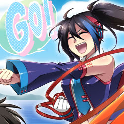 Rule 34 | 1girl, black hair, blue hair, blue necktie, blush, caffein, closed eyes, detached sleeves, english text, gloves, headphones, long hair, long sleeves, multicolored hair, navel, necktie, open mouth, outstretched arm, single glove, smile, solo focus, speech bubble, twintails, two-tone hair, utau, white gloves, yokune ruko