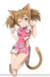 Rule 34 | 10s, 1girl, animal ears, brown hair, cat ears, cat tail, china dress, chinese clothes, dress, fang, full body, looking at viewer, one eye closed, paw pose, red eyes, silica, silica (sao-alo), simple background, solo, sword art online, sword art online: code register, tail, white background