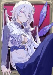 Rule 34 | 1girl, absurdres, breasts, cleavage, cleavage cutout, closed mouth, clothing cutout, colored sclera, dress, hair ornament, highres, honkai (series), honkai impact 3rd, large breasts, long hair, long sleeves, looking at viewer, pink eyes, purple dress, roena, sa (honkai impact), solo, very long hair, white hair