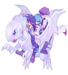 Rule 34 | 3boys, arm up, black hair, blue-eyes toon dragon, blue eyes, brothers, brown hair, child, closed eyes, crossed arms, dragon, dragon riding, flying, full body, green hair, kaiba mokuba, kaiba noah, kaiba seto, long hair, looking at another, male focus, multiple boys, open mouth, pastel colors, short hair, siblings, smile, white background, ynyntai, yu-gi-oh!, yu-gi-oh! duel monsters