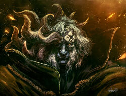 Rule 34 | 1boy, andrea guardino, artist name, asymmetrical horns, closed mouth, collar, commentary, elden ring, english commentary, highres, horns, looking at viewer, male focus, mismatched horns, morgott the omen king, one-eyed, portrait, robe, signature, solo, uneven horns, white hair, yellow eyes