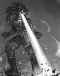 Rule 34 | abs, boots, breath weapon, bright pupils, combat boots, dark persona, gloves, greyscale, hat, laser, leona heidern, limited palette, military, military hat, monochrome, muscular, muscular female, open mouth, orochi leona, ponytail, shorts, the king of fighters, yilx
