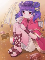 Rule 34 | 1girl, ankle lace-up, blush, bracelet, capelet, closed mouth, coat, cross-laced clothes, cross-laced footwear, cross-laced legwear, dragon girl, dragon wings, dress, female focus, fire emblem, fire emblem: the sacred stones, flower, frilled dress, frills, full body, gold trim, grass, hair tie, hand on own knee, hand to own mouth, highres, hugging own legs, jewelry, knees to chest, legs together, light smile, long hair, looking at viewer, mikoko1, multi-tied hair, myrrh (fire emblem), nintendo, on floor, pale skin, purple hair, red capelet, red coat, red eyes, sandals, shin strap, shiny skin, short dress, smile, solo, stone, toeless footwear, toes, twilight, twintails, white dress, wings, wristband, yellow wings