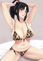 Rule 34 | 1girl, animal print, armpits, arms up, bed sheet, belly, bikini, black eyes, black hair, blush, breasts, closed mouth, collarbone, hair tie, highres, large breasts, leopard print, lips, long hair, mature female, mole, mole under eye, navel, nush (xter), original, print bikini, red lips, side-tie bikini bottom, sidelocks, signature, sitting, solo, stomach, string bikini, swimsuit, thighs, tying hair, xter