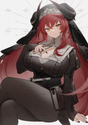 Rule 34 | 1girl, absurdres, black nails, breasts, cleavage, commission, crossed legs, fingernails, highres, horns, large breasts, light smile, long hair, looking at viewer, nail polish, original, red hair, scissors, shibuya (kurokamishain), sitting, slit pupils, solo, yellow eyes