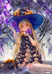 Rule 34 | 1girl, abigail williams (fate), abigail williams (second ascension) (fate), bare shoulders, black bow, black hat, black panties, blonde hair, blush, bow, bug, butterfly, ekm, fate/grand order, fate (series), forehead, hair bow, hat, highres, insect, key, keyhole, long hair, looking at viewer, navel, open mouth, orange bow, panties, parted bangs, polka dot, polka dot bow, red eyes, sitting, solo, stuffed animal, stuffed toy, teddy bear, thighs, underwear, wariza, witch hat