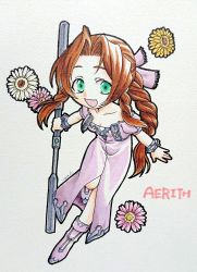 Rule 34 | 1girl, aerith gainsborough, amano yoshitaka design, boots, bracelet, braid, breasts, brown hair, chibi, cleavage, cropped jacket, dress, final fantasy, final fantasy vii, flower, full body, green eyes, hair ribbon, highres, holding, holding weapon, jewelry, kirishima saya, long dress, long hair, looking at viewer, medium breasts, official alternate costume, open mouth, parted bangs, pink dress, pink flower, pink footwear, pink ribbon, ribbon, sidelocks, silver trim, smile, solo, square enix, staff, weapon, white flower, yellow flower