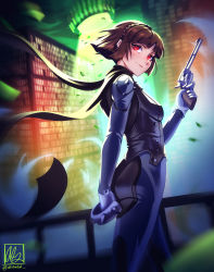 1girl absurdres alina_l ass black_scarf blue_bodysuit blurry blurry_foreground bodysuit braid breasts brown_hair closed_mouth crown_braid from_side gloves grey_vest gun handgun highres holding holding_gun holding_weapon night niijima_makoto outdoors persona persona_5 red_eyes scarf short_hair smile solo standing twitter_username vest weapon white_gloves