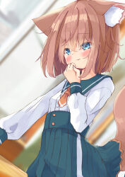 Rule 34 | 1girl, animal ear fluff, animal ears, blue eyes, blue skirt, blurry, blurry background, blush, brown hair, cat ears, cat girl, cat tail, closed mouth, commentary request, depth of field, eyes visible through hair, hair between eyes, hand up, high-waist skirt, highres, imminent masturbation, indoors, long sleeves, manabe mana, original, pleated skirt, puffy long sleeves, puffy sleeves, shirt, skirt, solo, tail, wavy mouth, white shirt