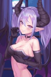 Rule 34 | animated, animated gif, bra, breast hold, breasts, choker, demon girl, horns, implied fellatio, large breasts, navel, night, night sky, nipple erection, pointy ears, purple eyes, purple hair, shaped pupil, sky, source request, underwear, wings
