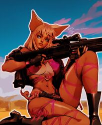 Rule 34 | 1girl, animal ears, black footwear, black gloves, black jacket, boots, breasts, fingerless gloves, gloves, gun, halftone, highres, holding, holding gun, holding weapon, jacket, knee up, leather, leather jacket, leg ribbon, magentaduelist, medium breasts, navel, open clothes, outline, parted lips, pig ears, pig girl, pig tail, pink hair, pink ribbon, ribbon, rose (zaiyuki), short sleeves, solo, tail, tan, tanline, underboob, watermark, weapon, web address, white outline, zaiyuki
