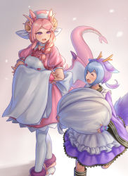 Rule 34 | 2girls, animal ears, arms under breasts, blue hair, bolt0002, braid, closed mouth, commentary, dragon ears, dragon girl, dragon horns, dragon tail, dragonmaid (yu-gi-oh!), duel monster, fingerless gloves, gloves, highres, holding, horns, laundry dragonmaid, long hair, looking at another, maid, multicolored hair, multiple girls, nurse dragonmaid, open mouth, pink eyes, pink hair, puffy sleeves, purple hair, shoes, short hair, tail, walking, white legwear, yu-gi-oh!