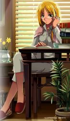 Rule 34 | 1girl, artist request, blonde hair, book, book stack, chou shittou caduceus, glasses, green eyes, head in hand, head rest, ikehata maguro, crossed legs, open book, reading, sitting, slippers, solo, tonegawa anju