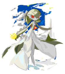 Rule 34 | 1girl, apios, blue sky, blush, bob cut, cloud, colored skin, creatures (company), day, english text, female focus, flat chest, flower, full body, game freak, gardevoir, gen 3 pokemon, green hair, green skin, hair over one eye, holding, holding flower, looking at viewer, multicolored skin, nintendo, no mouth, one eye covered, outdoors, pokemon, pokemon (creature), red eyes, short hair, sketch, sky, solo, standing, two-tone skin, white background, white skin, yellow flower