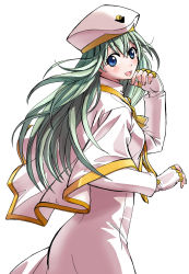 Rule 34 | 1girl, alice carroll, aria (manga), beret, blue eyes, blush, capelet, cowboy shot, dress, fingerless gloves, gloves, green hair, hair between eyes, hat, highres, long hair, looking at viewer, looking back, open mouth, orange planet uniform, pnhikaru, simple background, smile, solo, uniform, white background, white capelet
