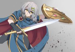 Rule 34 | 1girl, alternate costume, armor, cape, commission, cosplay, croque (neural cloud), fingerless gloves, fire emblem, girls&#039; frontline neural cloud, gloves, grey background, grey hair, hair ornament, hairclip, highres, holding, holding shield, holding sword, holding weapon, marth (fire emblem), marth (fire emblem) (cosplay), nintendo, non-web source, shield, short hair, simple background, sword, tab (tabkun), weapon, yellow eyes