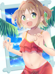 Rule 34 | + +, 1girl, :d, bare arms, bare shoulders, bikini, blonde hair, brown hair, collarbone, colored inner hair, commentary, fang, flat chest, green eyes, hair intakes, highres, looking at viewer, multicolored hair, navel, oka asahi, okome0620, onii-chan wa oshimai!, open mouth, red bikini, short hair, smile, solo, stomach, swimsuit, two-tone hair, two side up, upper body